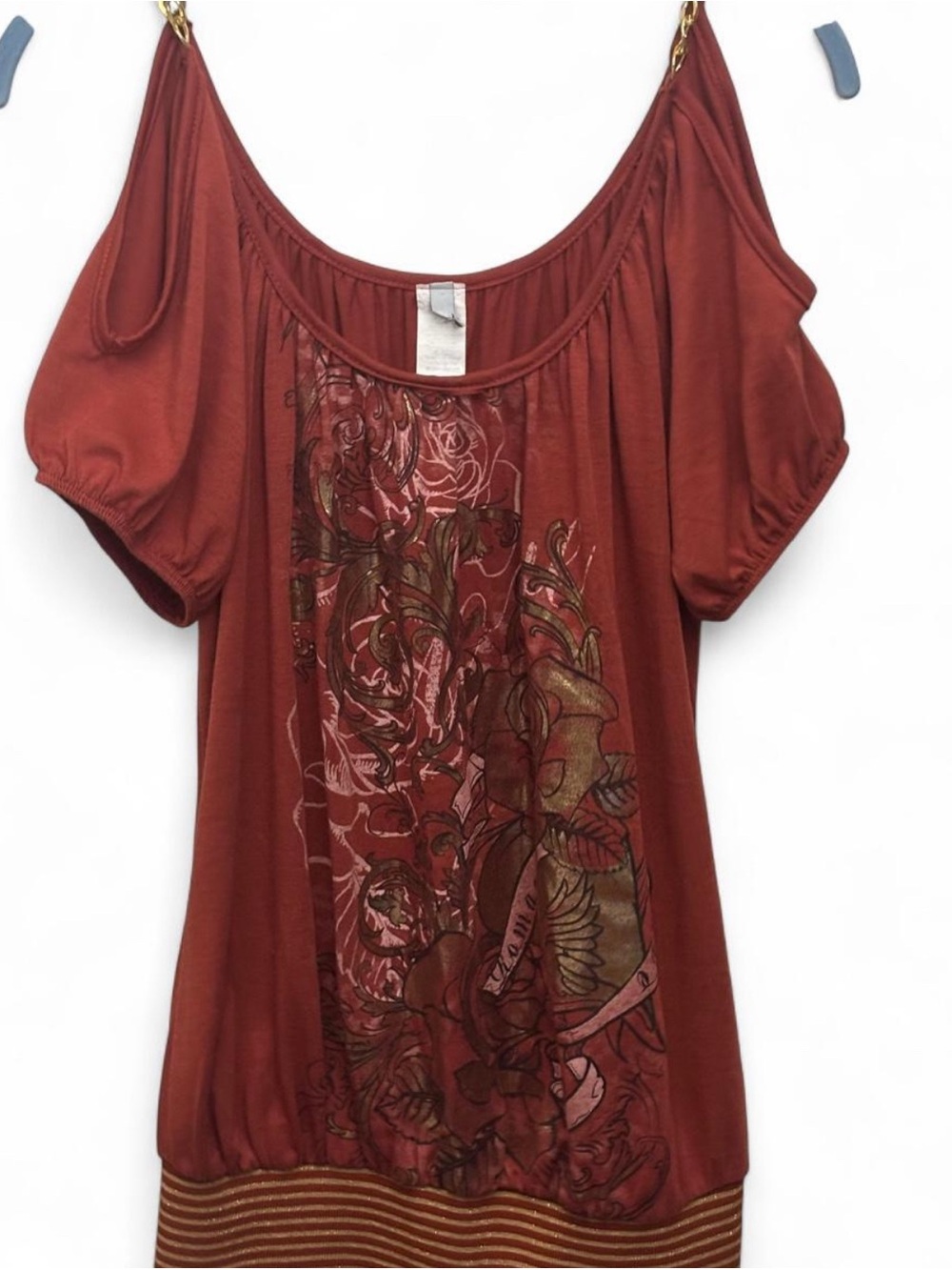Y2k women’s gold foil, chain strap romance graphic blouse sz M Made in US